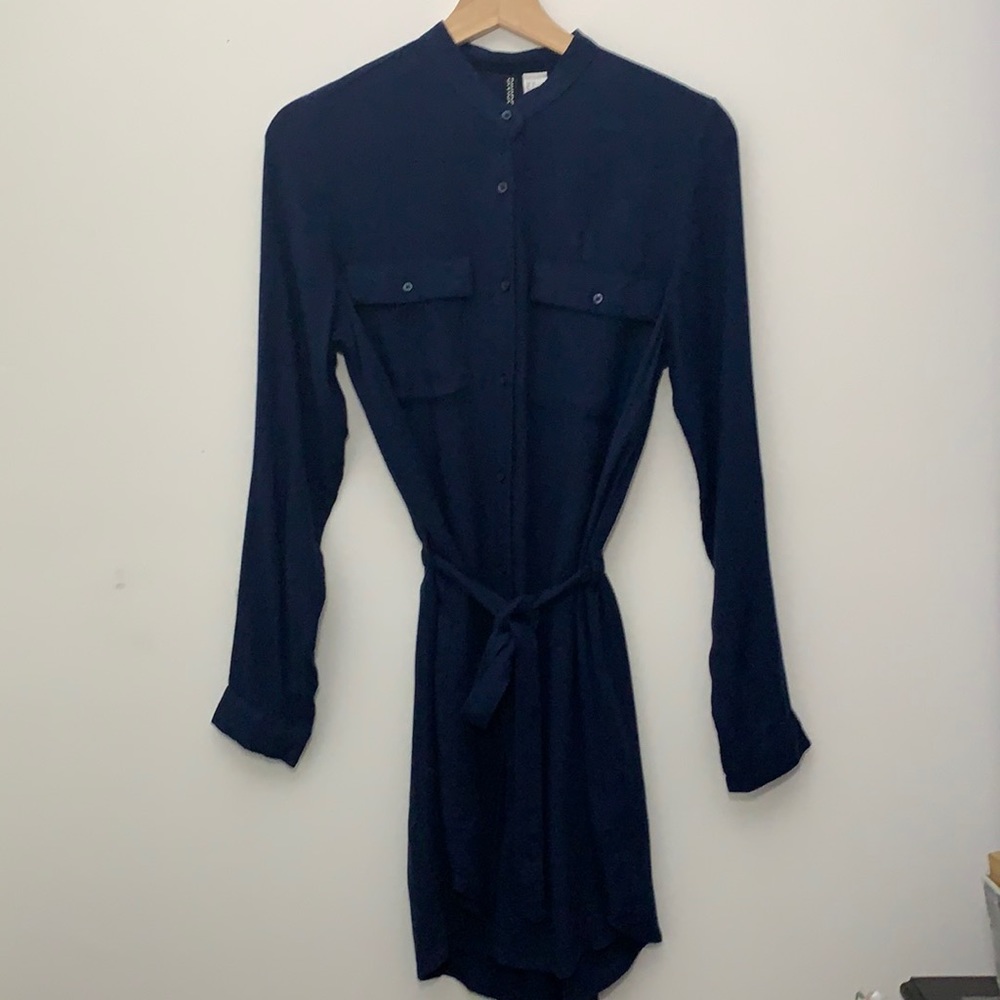 H&M Divided Navy Blue Button Down Tie Shirt Dress